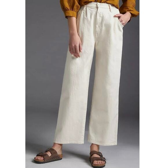 Mother Half Spring Pleated Greaser Size 25 Natural Cream Wide Crop Ankle Jeans - Picture 1 of 16